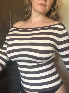 faded rose small brown and white striped off the shoulder top